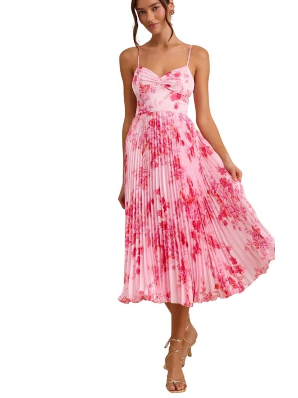 Lulus Francette Pink Floral Satin Pleated Midi Dress Sz XXL Garden Party